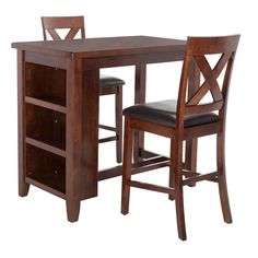 a wooden table with two chairs and a bookcase underneath it, against a white background