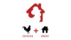 the chicken and house logo is shown in red, black and grey colors on a white background