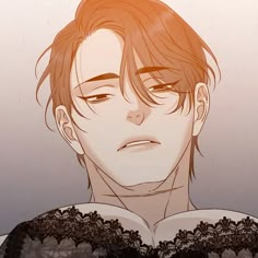 an anime character with brown hair and black lace on his shirt, staring at the camera