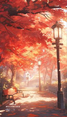 a park bench sitting under a tree next to a lamp post with red leaves on it