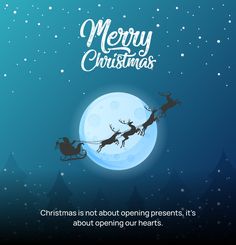 a merry christmas card with santa flying through the sky on his sleigh in front of a full moon