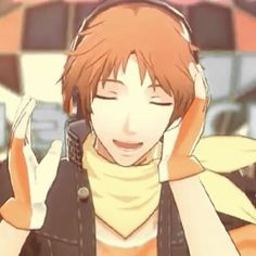 an anime character wearing headphones and holding his hands up