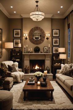 a living room filled with furniture and a fire place in the middle of the room