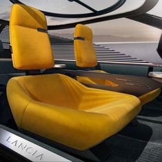 the interior of a futuristic car with yellow seats and steering wheel controls on each side