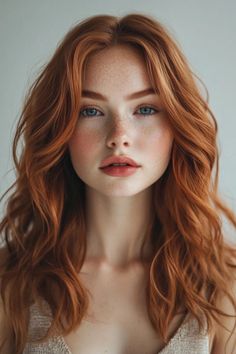 Red-haired woman with freckles and blue eyes, looking directly at the camera. Ginger Woman, Copper Hair Color Ideas, Red Hair With Blonde Highlights, Red Copper Hair Color, Auburn Color, Red Blonde Hair, True Autumn