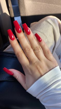 Red Long Nails Square, Red Nails Acrylic Design Long, Red Nails Square Long, All Red Nails Acrylic, Red Gel Nails Long, Pretty Red Nails Acrylic, Long Red Nail Ideas, Red Gel X Nails, Red Trendy Nails