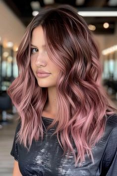 Brown And Rose Gold Balayage, Pink Hair For Brown Skin, Pink Balayage On Brown Hair, Dark Root Pink Hair, Pink And Brown Balayage, Highlights Color Hair, Pink Dye On Brown Hair, Blond Hair With Pink Streaks, Balayage Pink Hair Brunettes