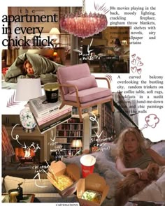 a collage of photos with furniture, books and pictures on it including a woman in bed