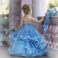 Princesses Dresses, Girls Pageant Dresses Kids, Dusty Blue Dress, Preppy Kids, Flower Girl Dresses Blue, Girls Long Dresses, Organza Flowers