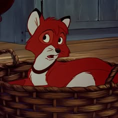 the fox and the hound is sitting in a basket