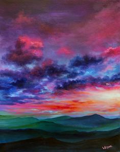 a painting of a colorful sky with clouds