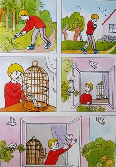 a comic strip shows the stages of being in a birdcage and how to use it