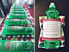 several bottles of mouthwash are lined up on a christmas table cloth and one is empty