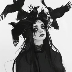 a black and white photo of a woman with birds on her head