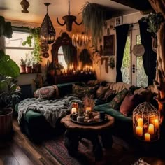 a living room filled with lots of plants and candles