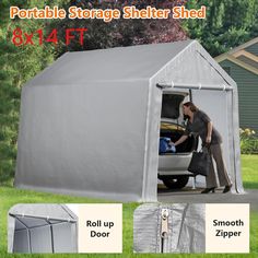 the portable storage shelter shed is open and ready for people to load their belongings into it