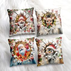 three pillows with santa claus and other christmas decorations