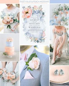 a collage of wedding photos with pink and blue flowers