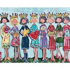 a painting of four girls with crowns on their heads and one girl holding a star