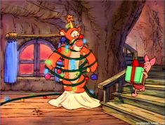 an animated christmas scene with a fox and pig