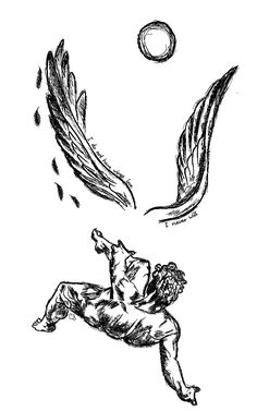 an ink drawing of two people in the air with wings flying above them, one man is