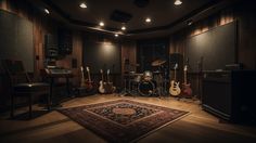 a room with guitars, amps and other musical equipment on the floor in it