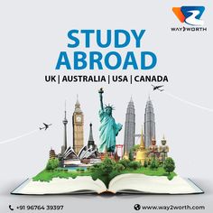 an open book with the statue of liberty on it and text study abroad uk australia usa canada