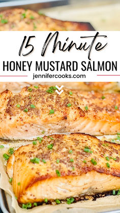 grilled honey mustard salmon on a baking sheet with text overlay