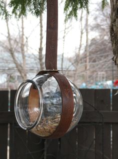 a bird feeder hanging from the side of a tree