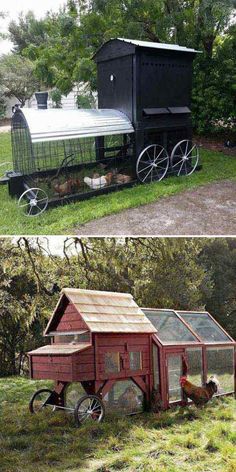 two pictures of an old fashioned chicken coop