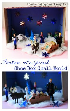 an open box that has some toys in it and the inside is decorated with snowflakes