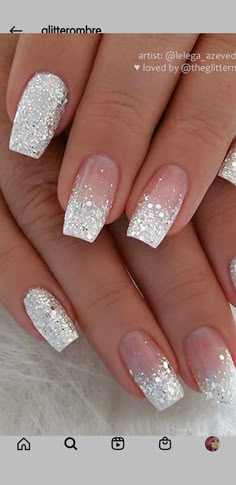 Wedding Nails Glitter, Fancy Nails Designs, Glitter Gel Nails, Pretty Nail Art Designs, Silver Nails, Elegant Nails