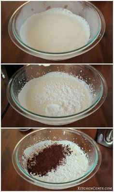 three pictures showing how to make chocolate cake batter