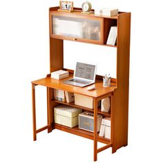 a laptop computer sitting on top of a wooden desk next to a bookshelf