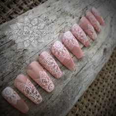 A pinky-peachy beach glass with mandala accents. Gloss finish. Long Coffin & Short Coffin shape shown. Handpainted. Each set is unique, no two sets are identical. Your new salon quality nail enhancements made by a professional nail artist, come with 10 custom nails in a box with protective packaging, detailed instructions for application & removal, cuticle pusher, wood file, buffer, alcohol wipe, nail tabs, glue & lotion spatulas. Made with Professional only products. Vegan, Cruelty & 10 free. Eco-friendly protective packaging for minimal shipping costs. *For Custom Sizes, please order Sample Sizing Kit or measure yourself prior to selecting sizes. For more art & designs go to: @wanderingwandacustomnails *Please provide phone number for international shipping. Customs forms require it. Tha Mandala Nails Boho, Henna Nail Art, Bohemian Nails, Mandala Nails, Nail Enhancements, Henna Nails, Boho Nails, Custom Nails, Wood File