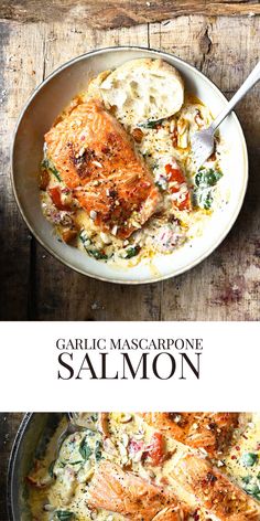 salmon and spinach casserole with garlic mascarpone in a skillet