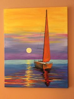 a painting of a sailboat on the water at sunset with a full moon in the background