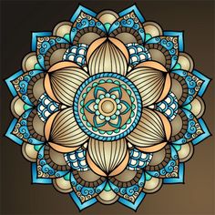 an intricate design with blue and brown colors on a dark background, in the shape of a flower