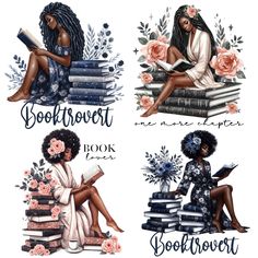 four different illustrations of women sitting on books with flowers in their hair and reading them