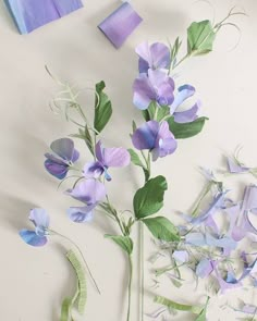 purple flowers and green leaves in a vase