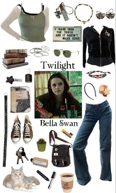 a collage of different items including shoes, bracelets and necklaces with the words twilight written on them