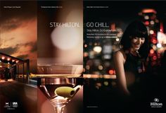 an ad for hilton's go - chill featuring a woman with a martini in her hand