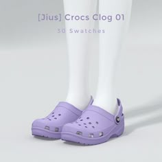 a pair of purple crocs is shown with white socks and leggings