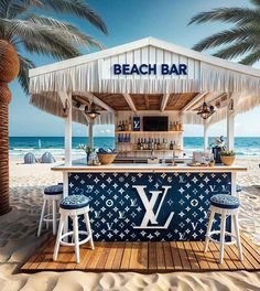 an outdoor bar on the beach with palm trees and blue skies in the background, surrounded by white stools