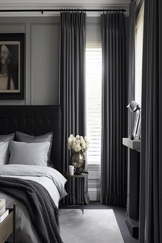 Dramatic drapery in a black and grey bedroom setting. Small Cosy Bedroom, Black Curtains Bedroom, Grey Curtains Bedroom, Dark Grey Curtains, Dark Gray Bed, Dark Cozy Bedroom