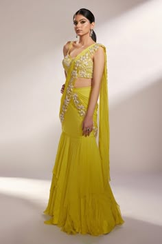 Lime Yellow Lehenga, Fish Cut Saree, Lehenga Sarees, Lehenga Saree Design, Simple Lehenga