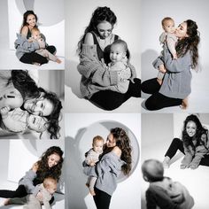 a woman holding a baby in her arms while posing for pictures with other women and children