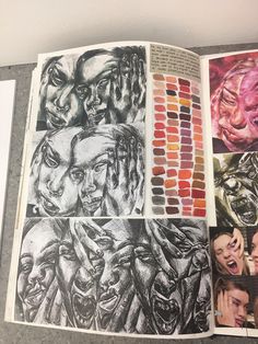 an open book with pictures of people and their faces in color pencils on the pages