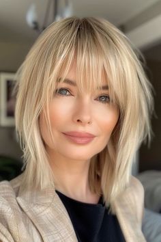 Shaggy Long Bob Hairstyles, Long Bob With Bangs Hairstyles, Long Bob With Bangs Fine Hair, Blonde Medium Bob, 80s Rocker Hair, Playful Hairstyles, Medium Length Hairstyles For Women, 80s Hairstyles, Blond Hairstyles