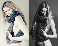 two photos of women in different poses, one is wearing a sweater and the other has a scarf